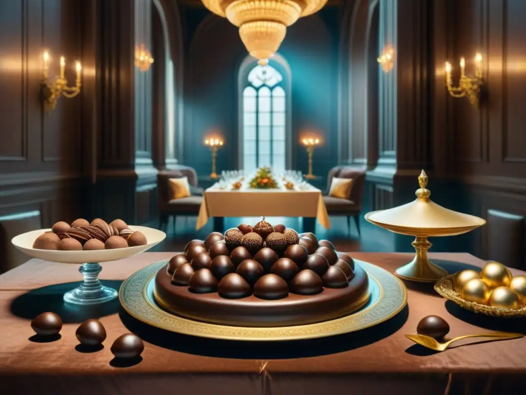 Una detallada representación cultural del arte en la que se destaca un banquete renacentista con exquisitas delicias de chocolate