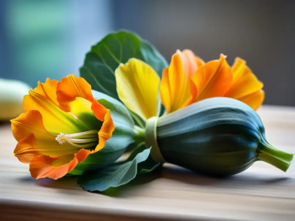 Detallada flor de calabaza gourmet en tabla de cortar de madera, resaltando sus pétalos y colores vibrantes bajo luz natural