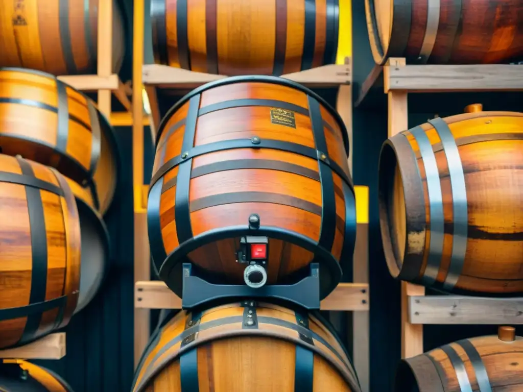 Detallada imagen de barril de madera envejeciendo vinagre balsámico en bodega, resaltando color y textura