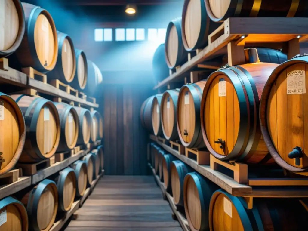 Detallada imagen de barriles de madera en bodega de elaboración vinagres balsámicos añejos