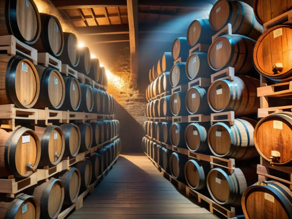 Detallada imagen de barriles de roble en una bodega italiana, envejeciendo vinagre balsámico