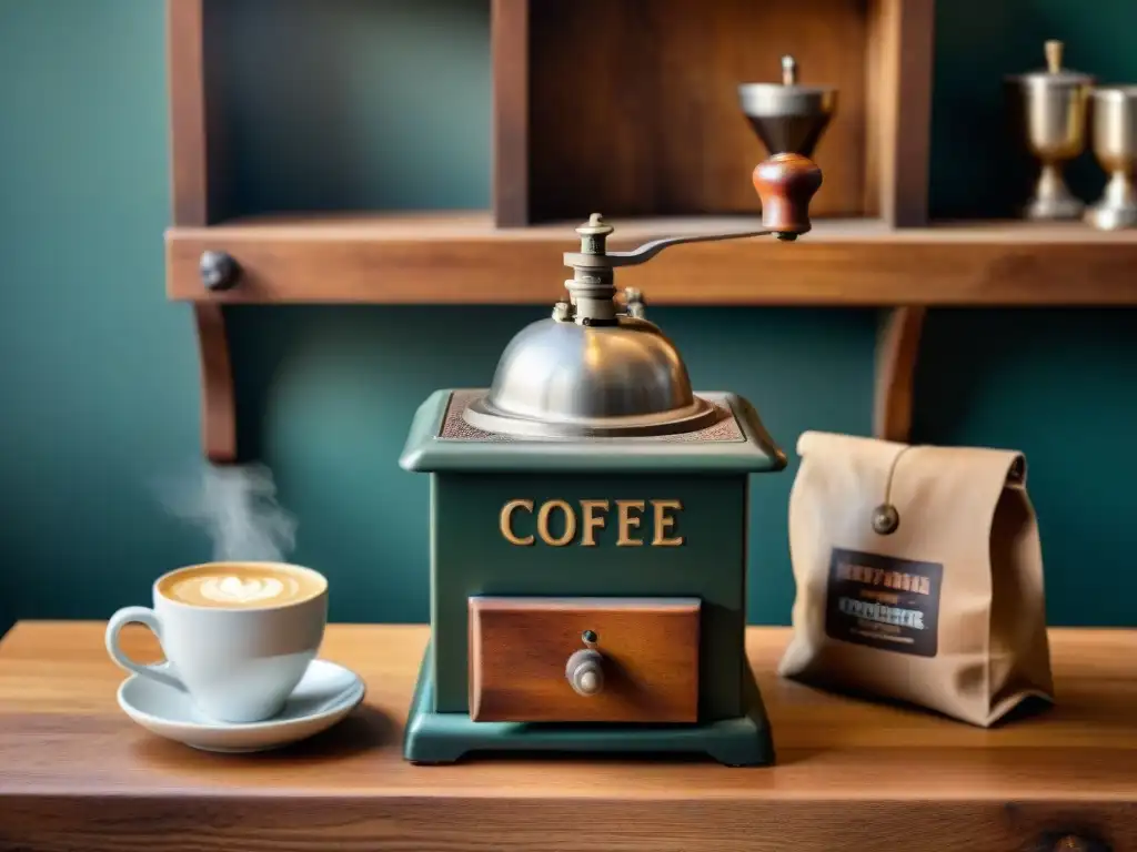 Detallada imagen de una cafetería histórica con molinillo de café vintage en un mostrador de madera desgastada