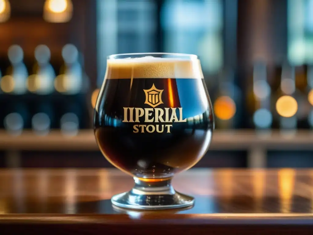 Detallada imagen de una cálida cerveza Imperial Stout en copa snifter, resplandeciendo en ambiente acogedor