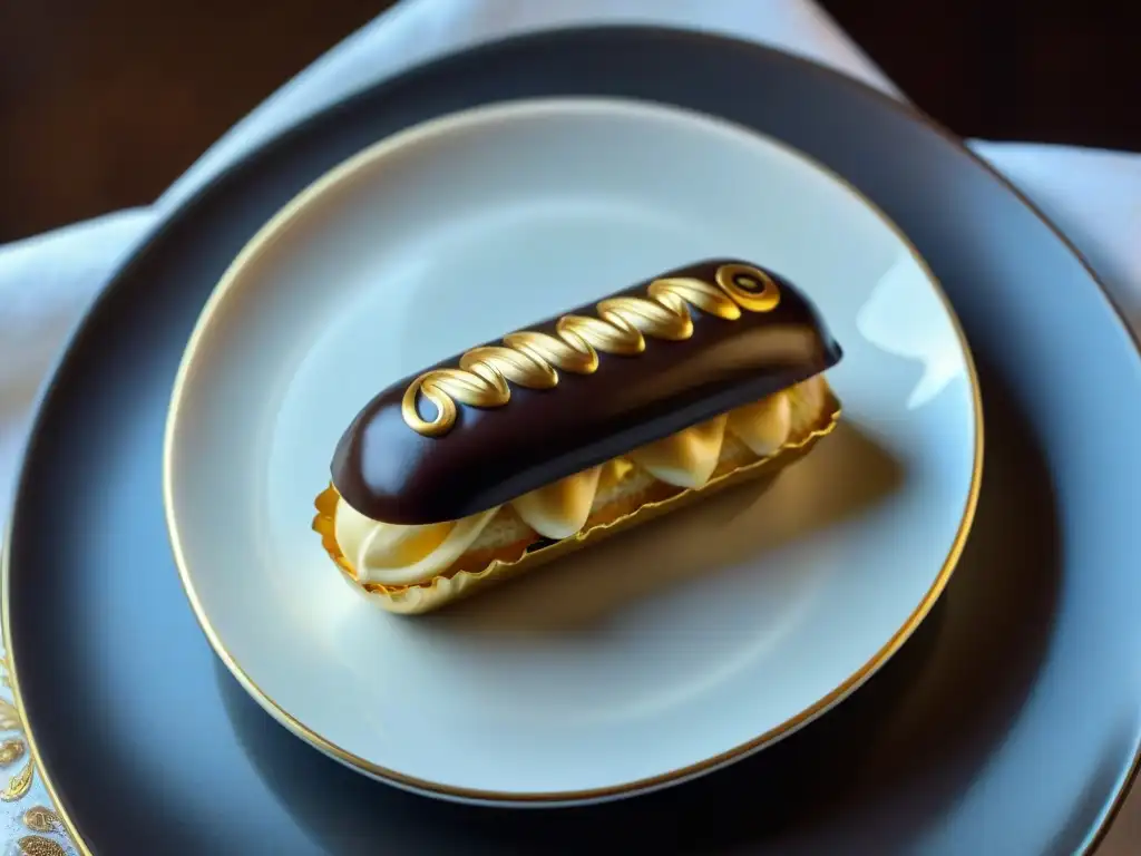 Detallada imagen de un elegante eclair gourmet en una mesa parisina