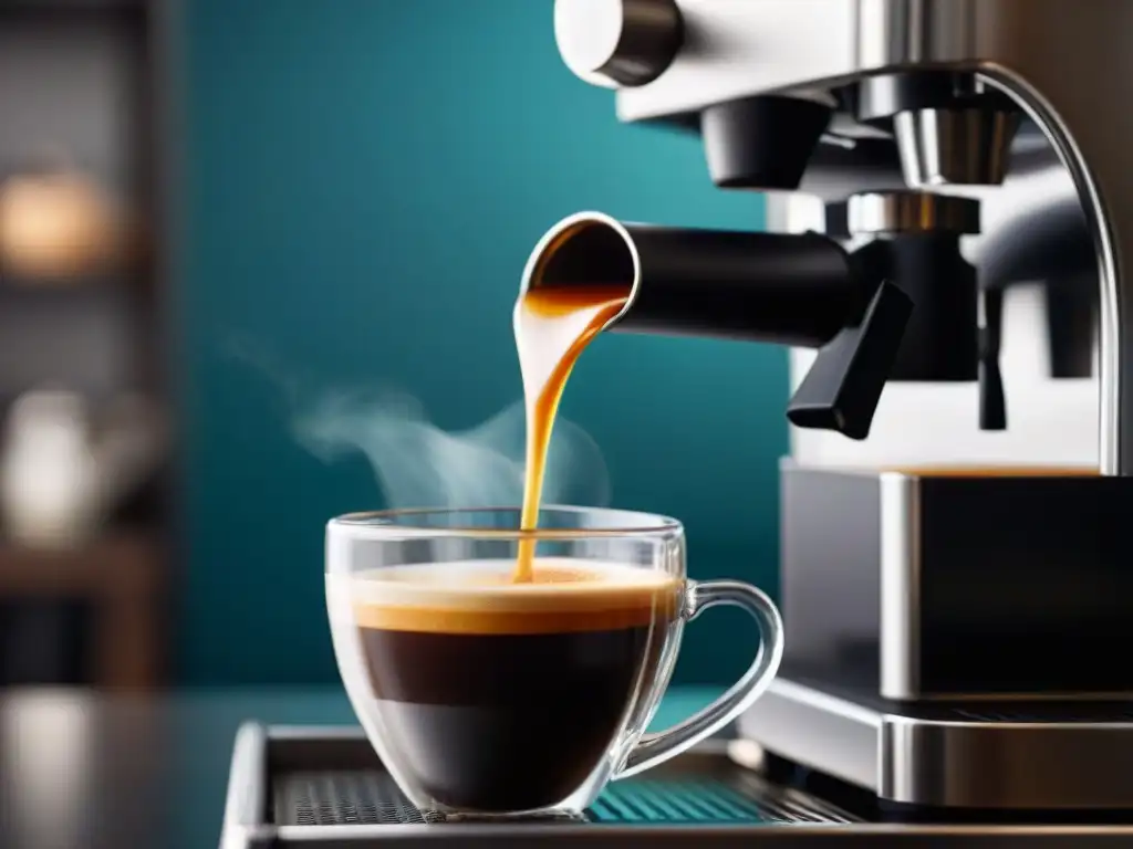 Detallada imagen de un espresso perfectamente extraído, resaltando la crema, el color profundo y los patrones al caer en la taza