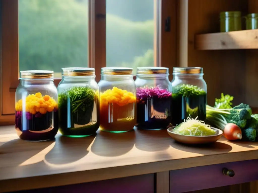 Detallada imagen de mesa de cocina rústica con tarros de fermentación de vegetales coloridos en distintas etapas