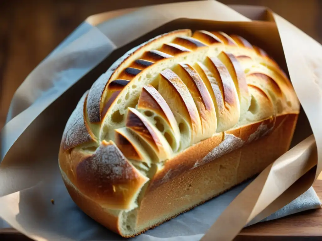 Detallada imagen de un pan artesanal recién horneado con una corteza dorada y crujiente, ideal para aprender a lograr corteza perfecta gourmet