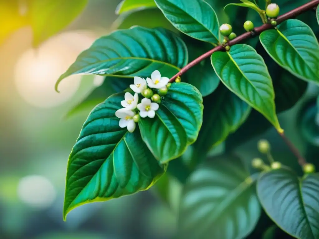 Detallada imagen de planta de café en floración, resaltando la belleza y pureza del proceso de cultivo