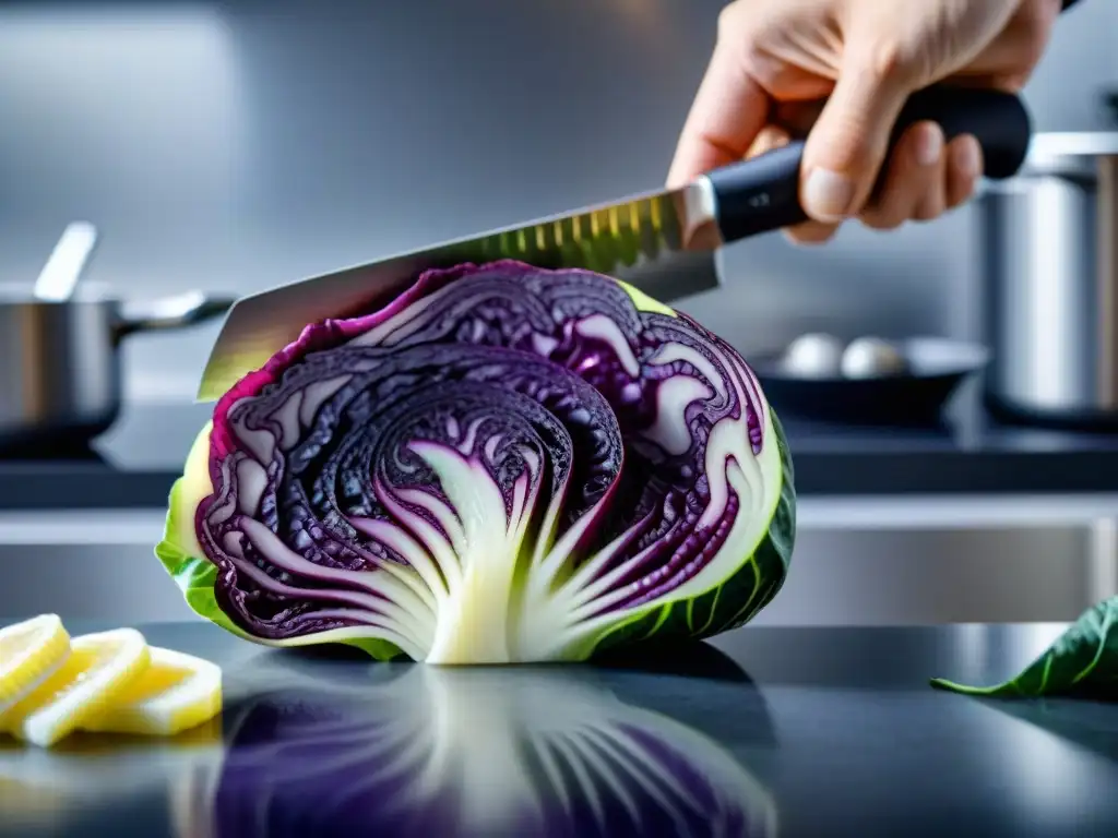 Detallada imagen de un repollo morado siendo cortado en una cocina moderna, resaltando el poder del pH en cocina