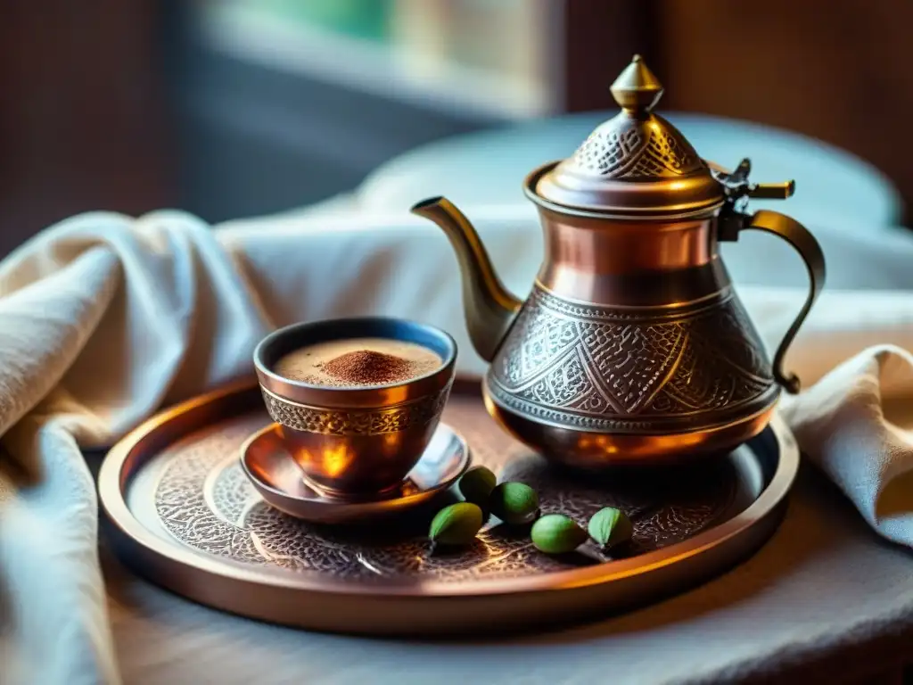 Detallada imagen de un cezve turco rodeado de granos de café y cardamomo, en una bandeja de cobre, iluminado por la ventana