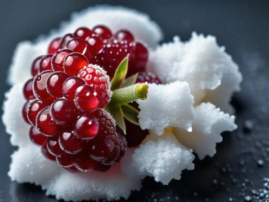 Detallada fotografía macro de una sola frambuesa madura sobre azúcar glas, resaltando su textura brillante y color vibrante
