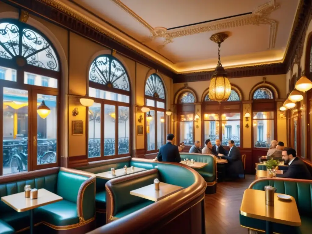 Café Procope en París: Historia y encanto en 8k Detalle arquitectónico de Café Procope en París, cafetería histórica llena de encanto y gente disfrutando café gourmet bajo la luz de faroles vintage