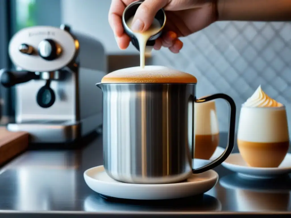 Detalle de un batidor de leche de acero inoxidable con espuma perfecta para cafés gourmet