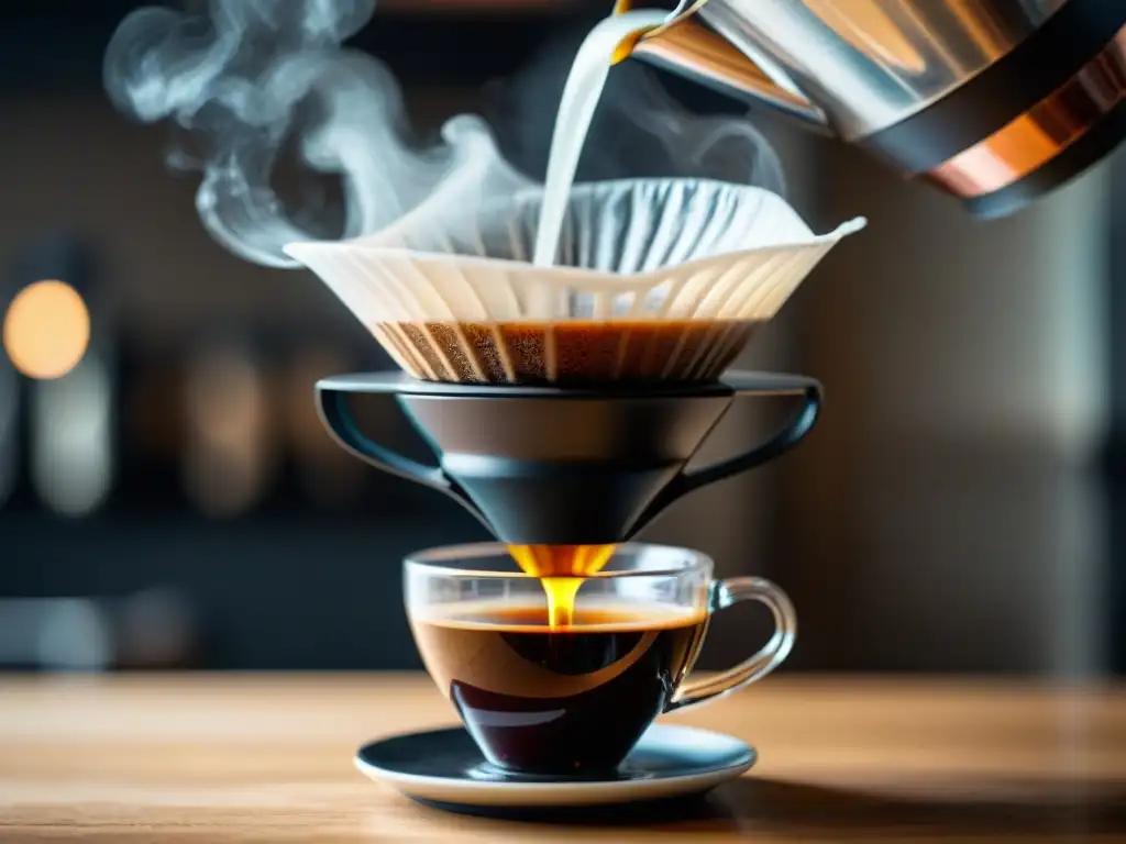 Detalle del café filtrándose en V60, el método de filtración del café en la taza afecta su sabor