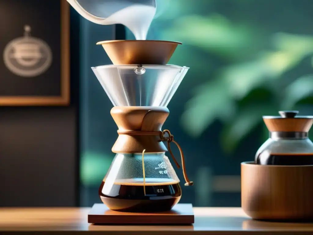 Detalle de una cafetera Chemex con diseño de vidrio y madera, mostrando la ciencia detrás de una taza de café equilibrada