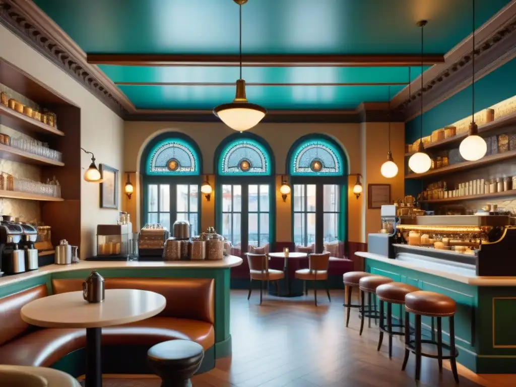 Escena detallada de café histórico: ornamentos, chandeliers y barista Detalle de una cafetería histórica con arquitectura vintage y ambiente acogedor de café