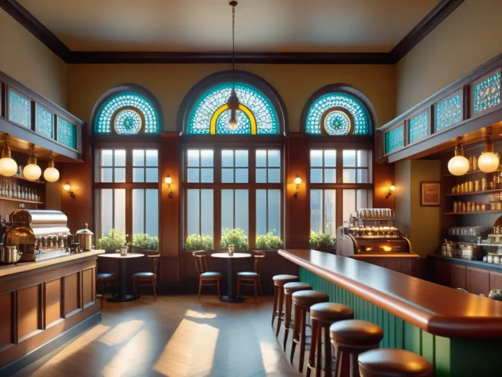 Detalle fotorealista de cafetería histórica con muebles de madera elegantes y clientes disfrutando café especial en ambiente nostálgico y encantador