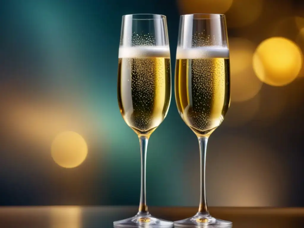 Detalle de dos copas elegantes, una con Champagne y otra con Cava, mostrando diferencias entre Champagne y Cava