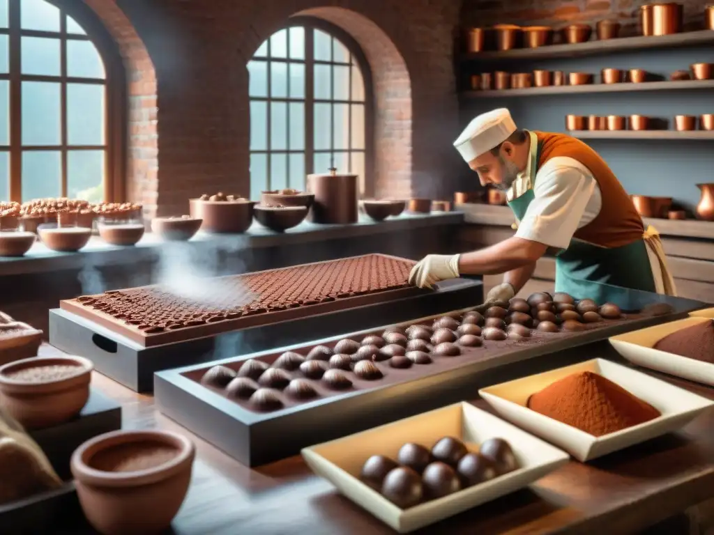 Detalle excepcional de una fábrica artesanal de chocolate, evocando tradición y maestría en la producción de chocolate