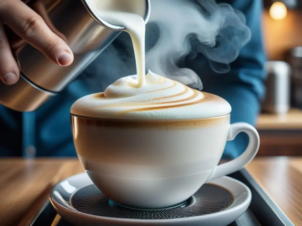 Detalle excepcional: manos de barista crean espuma perfecta cappuccino casa con precisión y arte, capturando la esencia del momento