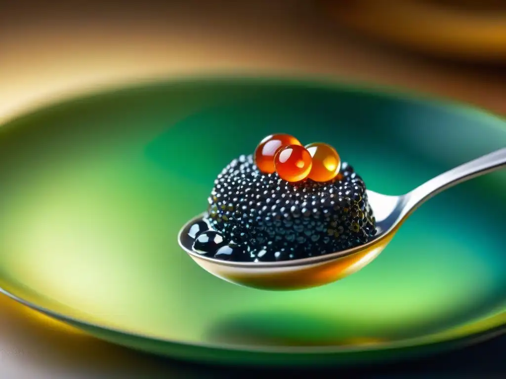 Detalle exquisito de caviar vegetal gourmet en cuchara plateada, brillante y sofisticado