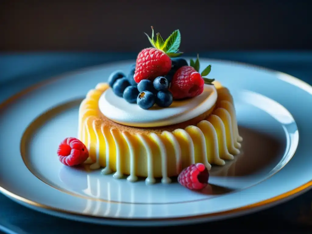 Detalle exquisito de una clásica Charlotte Russe en un plato de porcelana, resaltando su elegancia y rica historia en repostería