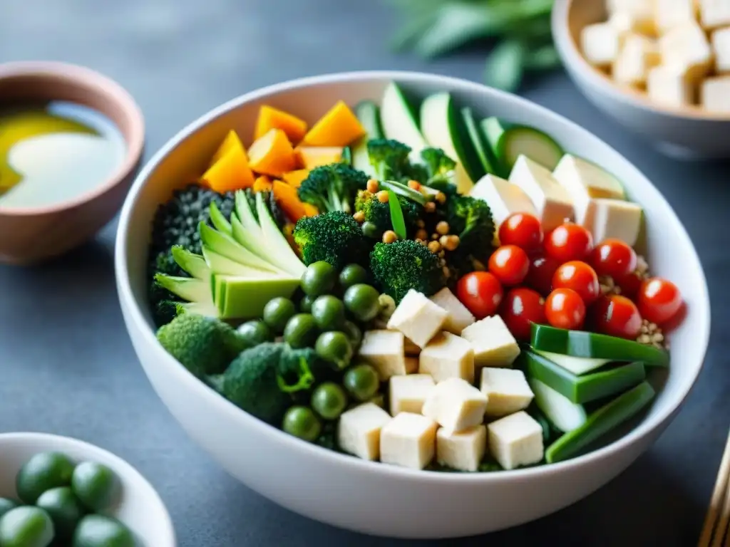 Detalle exquisito de una Cocina vegetariana budista gourmet delicada en un tazón de Buda