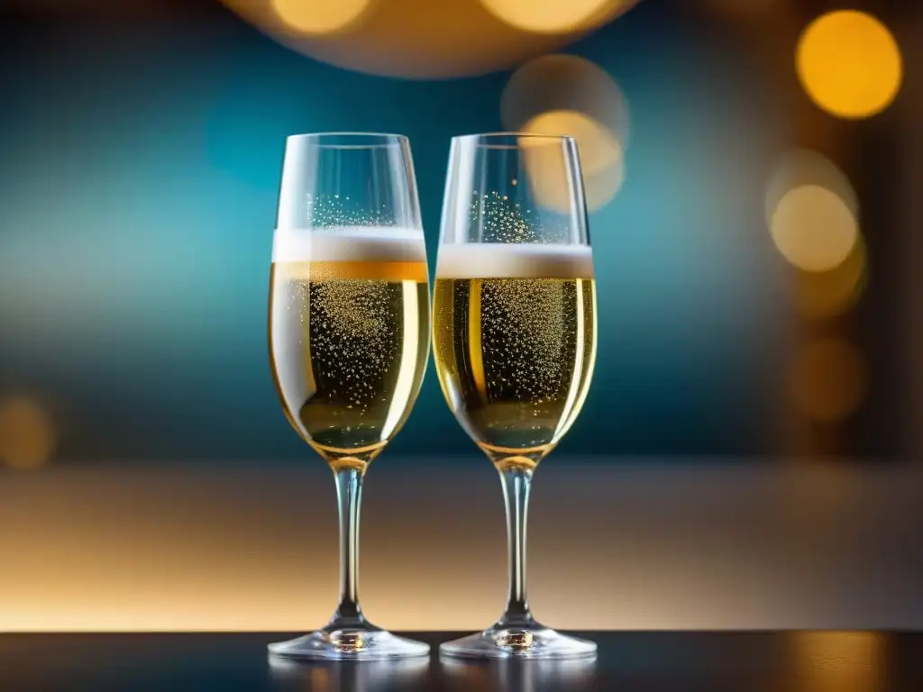 Detalle exquisito de dos copas elegantes, una con Champagne dorado y burbujeante, y la otra con Cava efervescente