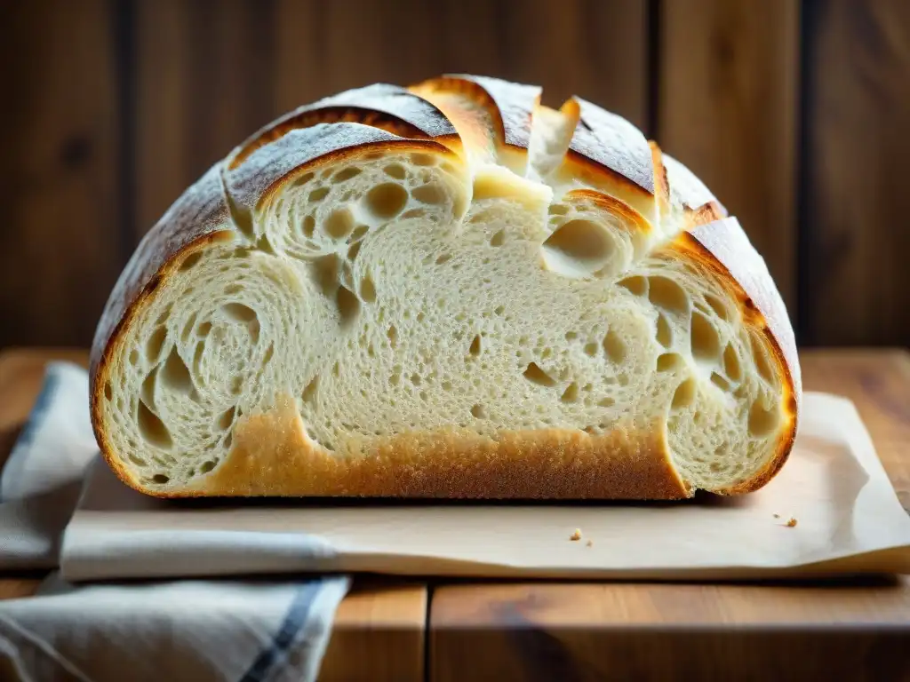 Detalle exquisito de una hogaza de pan de masa madre artesanal, con patrón y textura en costra, tono dorado y harina, sobre fondo de madera rústica