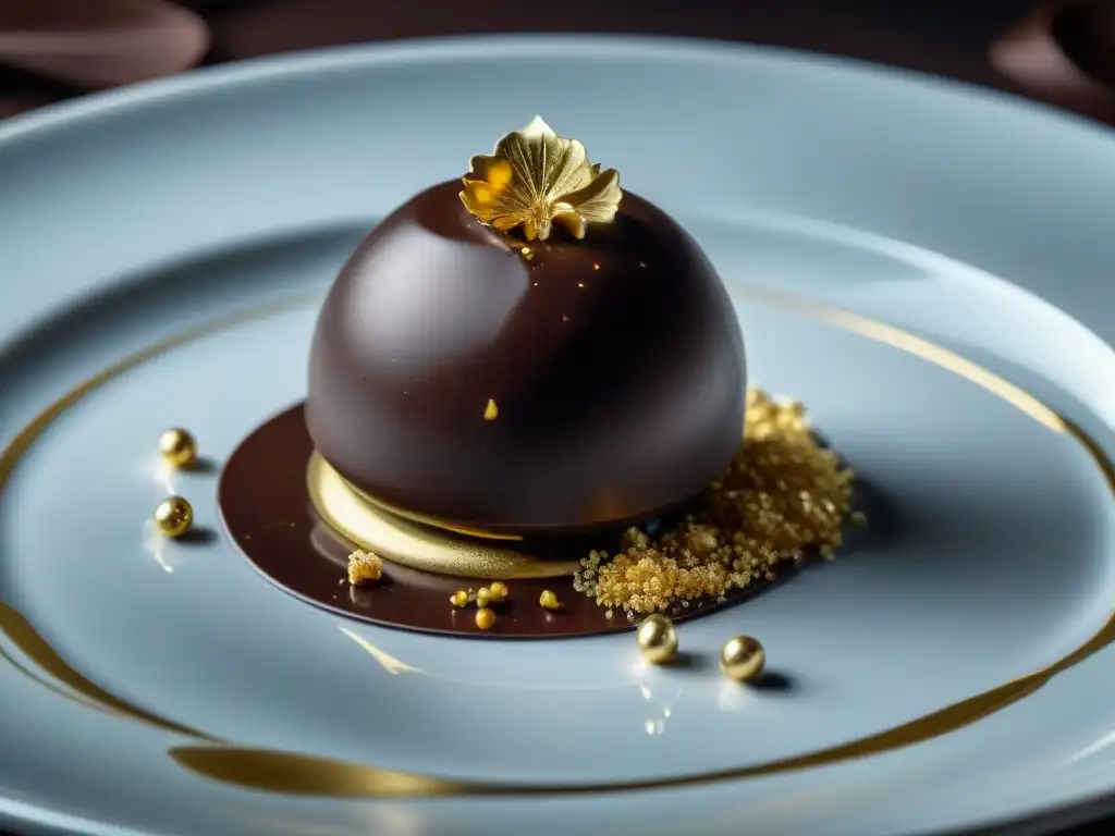 Detalle exquisito de una trufa de chocolate negro con hojas de oro comestible, reflejando la elegancia de la historia del chocolate en gastronomía