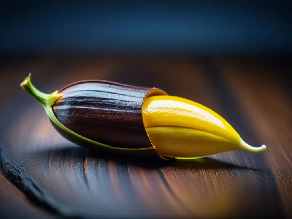 Detalle exquisito de una vaina de vainilla de Madagascar, semillas derramadas en una superficie de madera oscura, creando un impacto sensorial