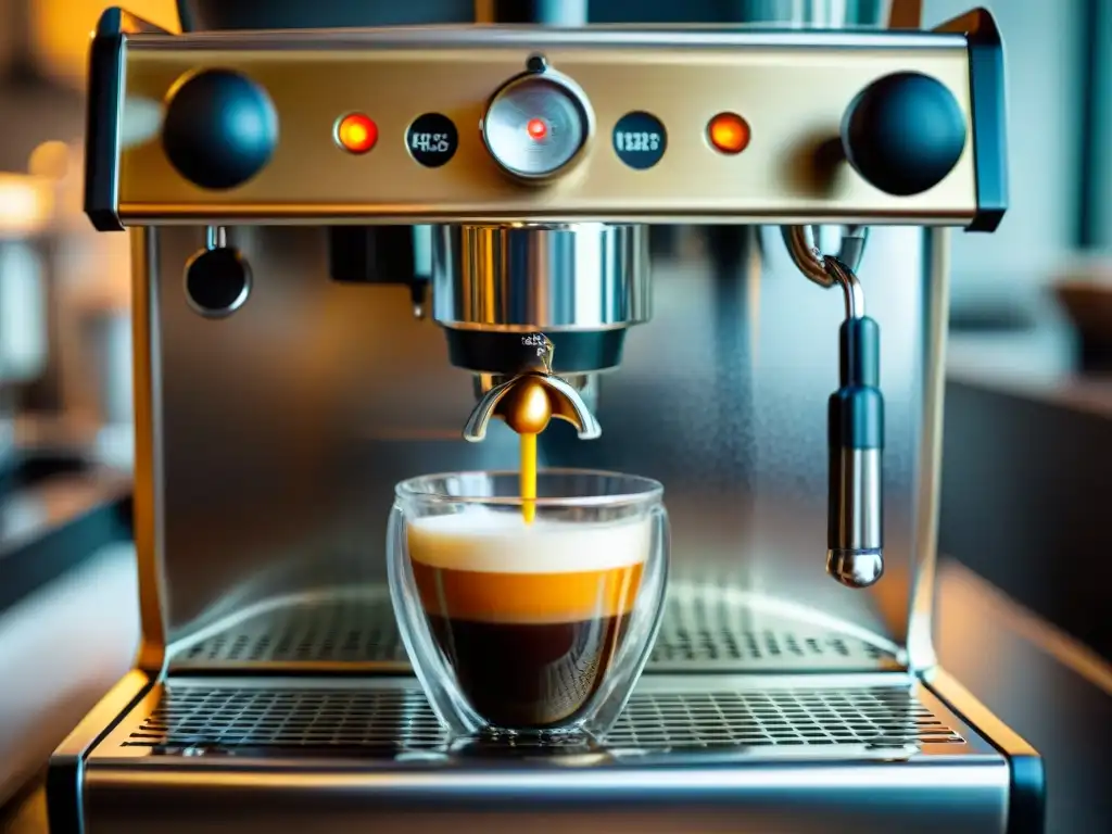 Detalle fascinante: máquina espresso en acción, revelando secretos extracción espresso perfecta