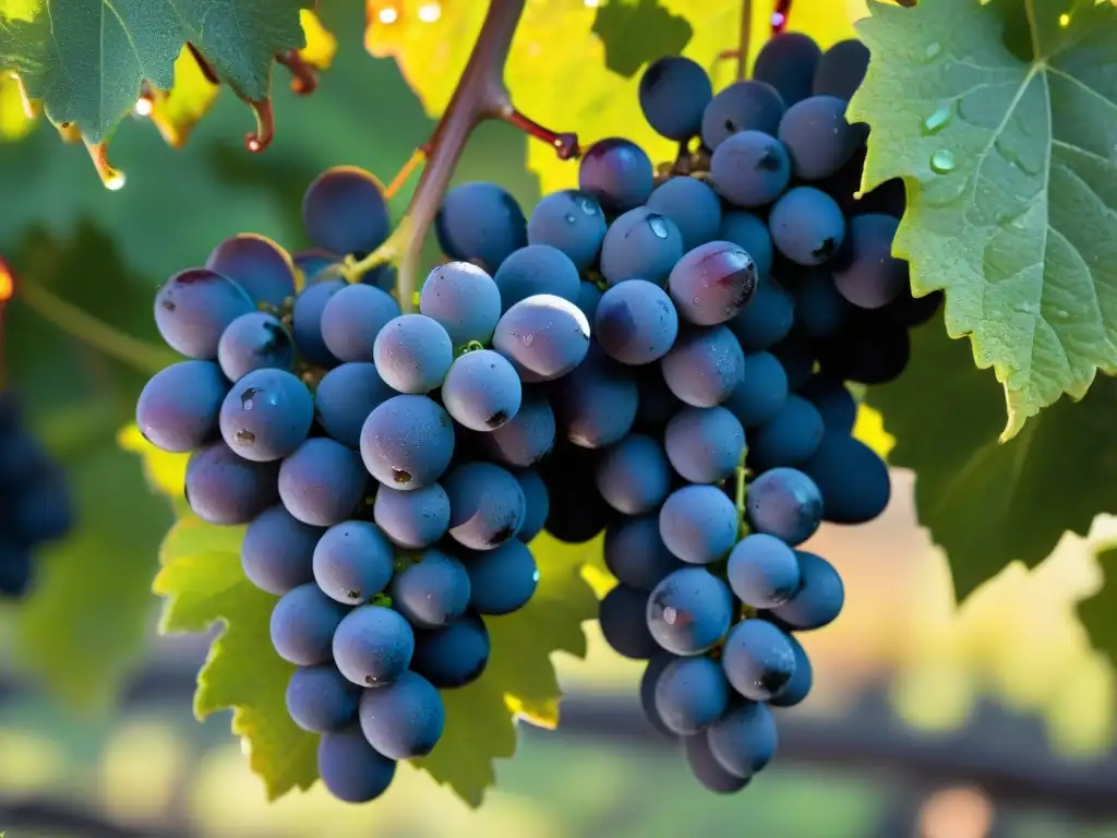 Detalle fascinante de racimo de uvas Malbec púrpuras brillantes con rocío, hojas verdes al fondo