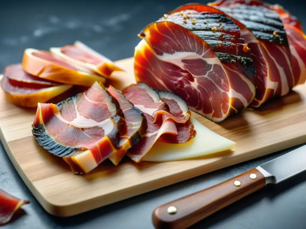 Detalle fotográfico de Jamón Ibérico y Prosciutto en tabla de mármol, resaltando diferencias entre ambos