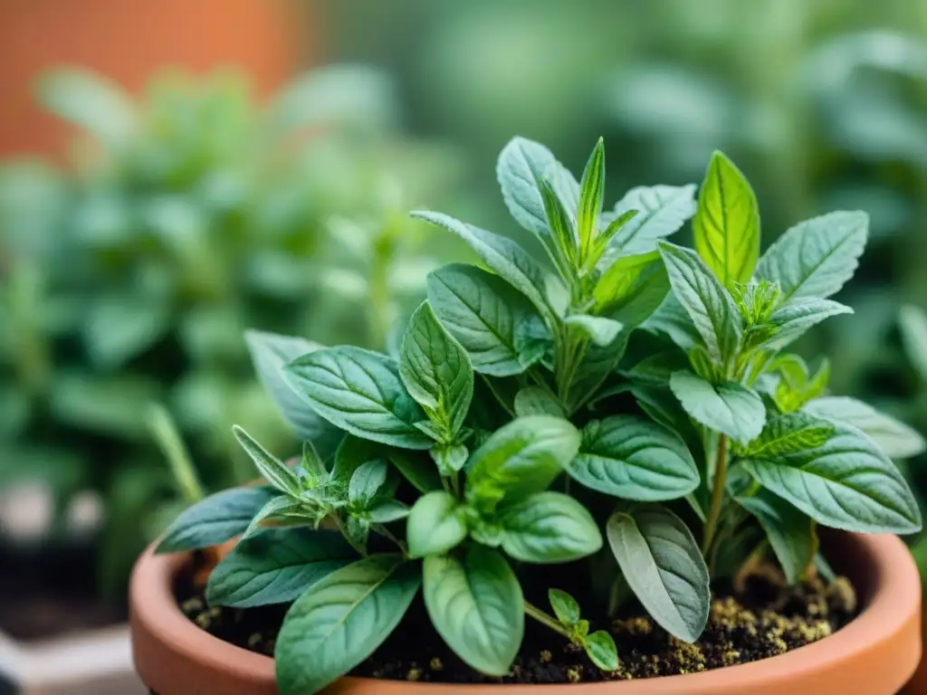 Detalle de hierbas gourmet cultivadas en casa: frescas hojas de albahaca, romero, tomillo y menta brillando al sol de la mañana