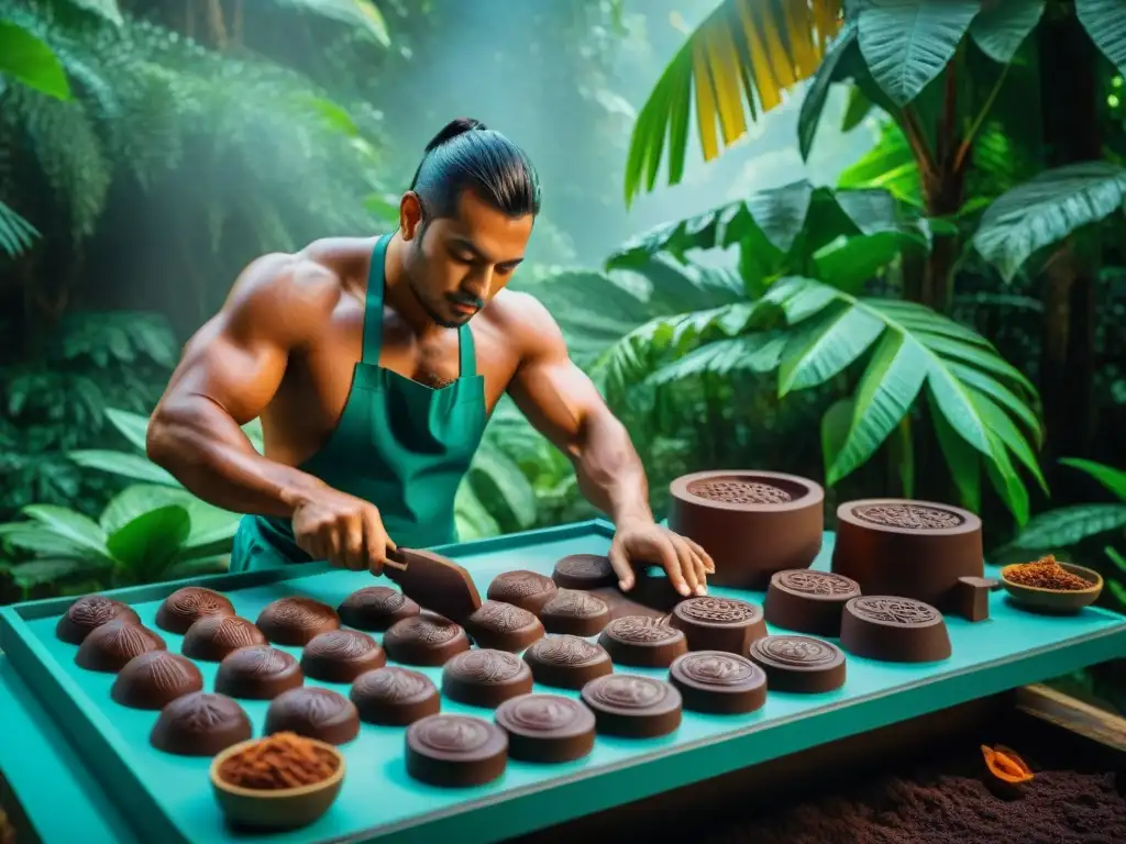 Detalle histórico de antiguos chocolateros mayas creando chocolate líquido en moldes intricados en la selva tropical, resaltando técnicas y estilos