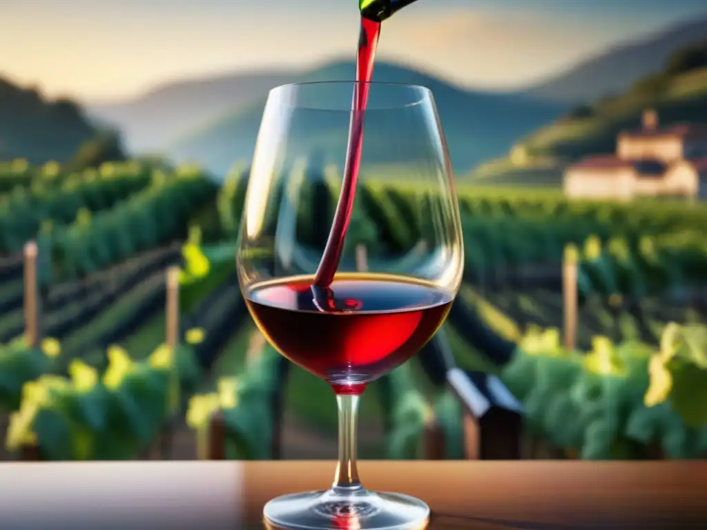 Detalle hyperrealista de una copa de vino tinto, en un elegante entorno