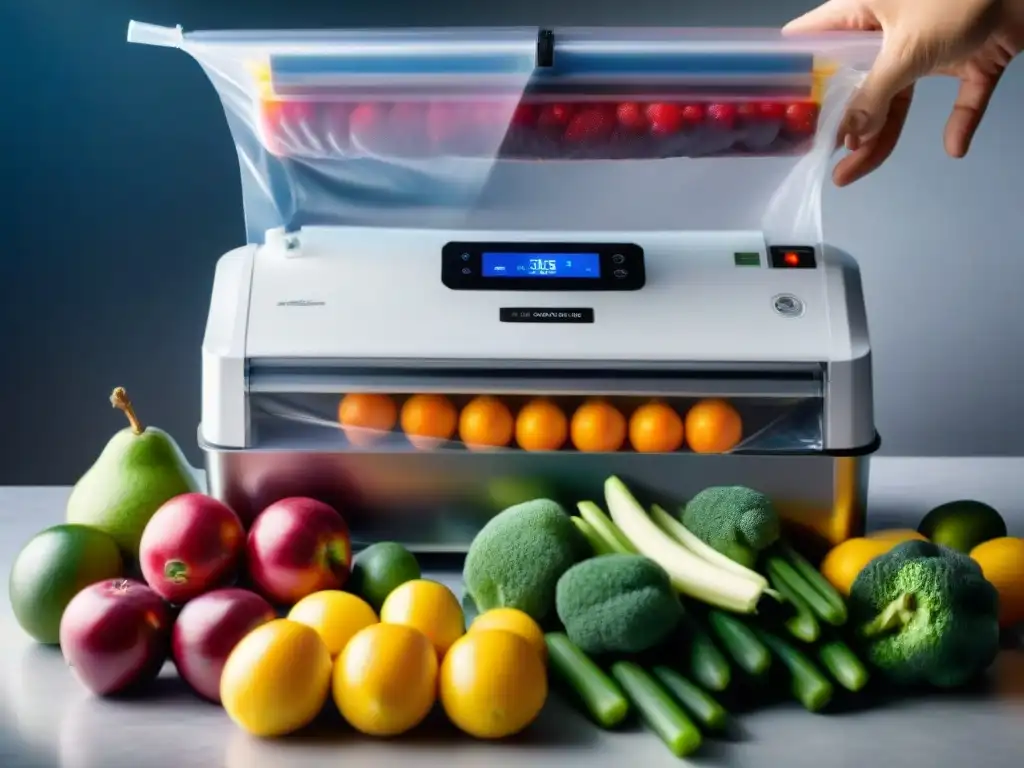 Detalle impactante de máquina envasadora al vacío sellando frutas y verduras frescas, destacando la conservación alimentos sistemas vacío