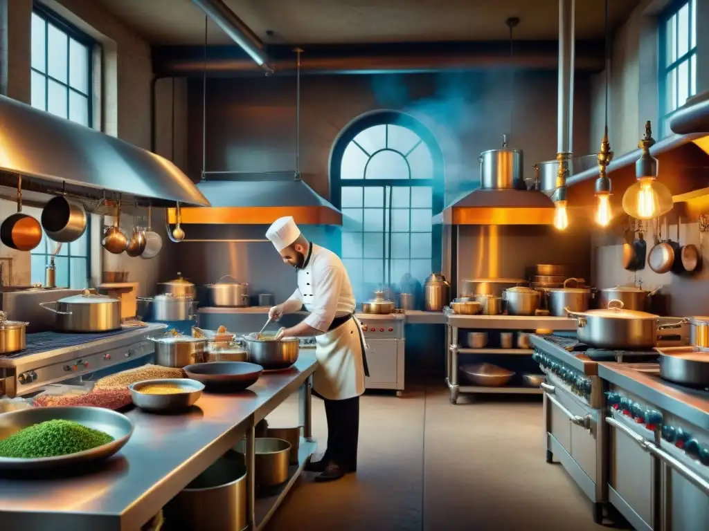 Detalle impecable de una cocina industrial del siglo XIX en un restaurante gourmet durante la Revolución Industrial Alimentación Gourmet