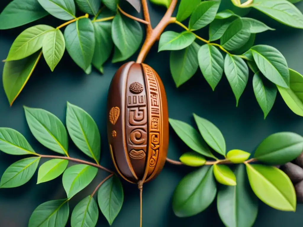 Detalle impresionante de una antigua talla maya de un árbol sagrado de cacao, representaciones culturales chocolate arte