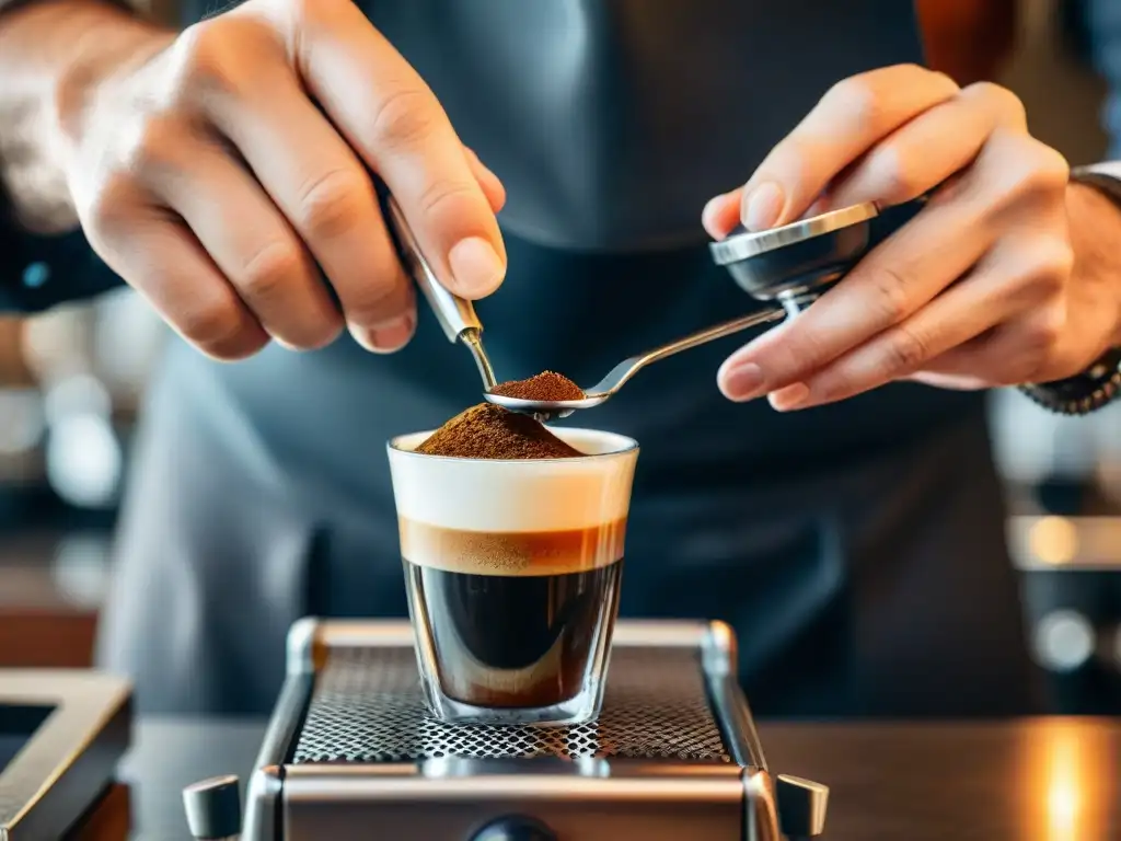 Detalle impresionante de un barista presionando café recién molido en un portafiltro, destacando la importancia de la presión en el sabor del espresso