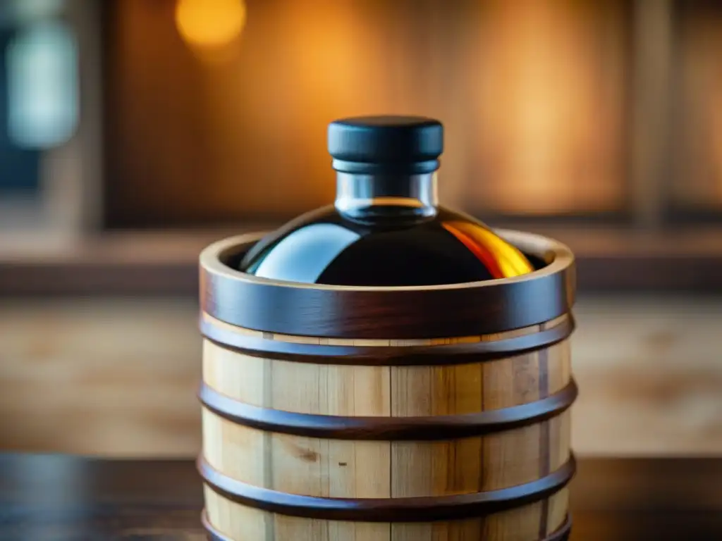 Detalle impresionante de barril de madera con vinagre balsámico envejecido, en cocina rústica gourmet