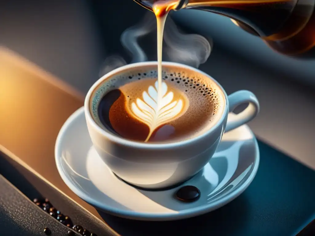 Detalle impresionante de un espresso recién hecho, con crema rica y burbujas brillantes