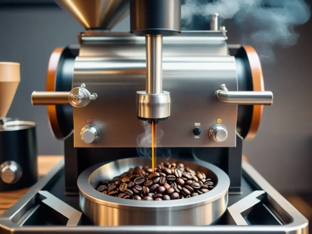 Detalle impresionante de una máquina de tueste de café gourmet en una tostaduría de última generación