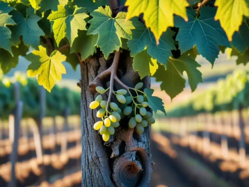 Detalle impresionante de una vid antigua en viñedo europeo, evocando historia y vinos de culto Europa