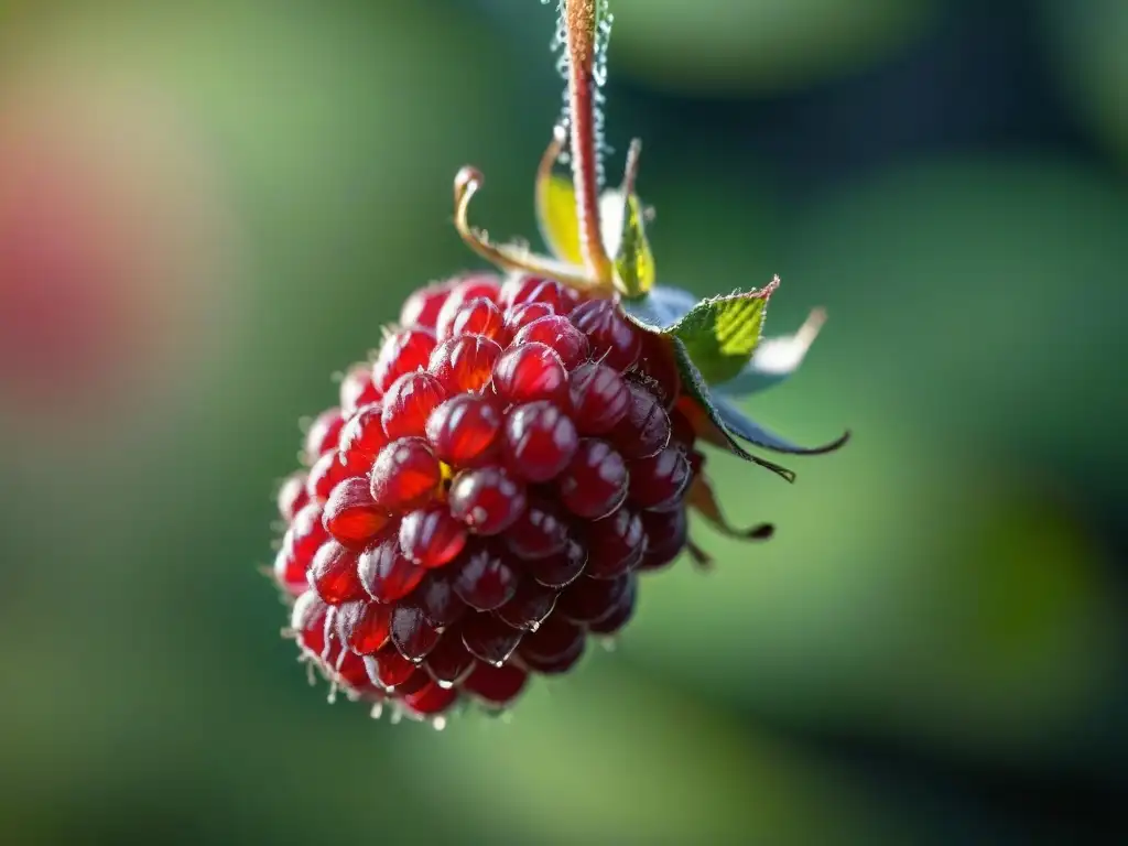 Detalle increíble de una frambuesa roja suspendida en el aire