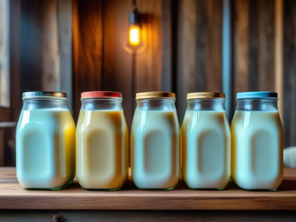 Detalle de leche para quesos calidad superior en envases de vidrio, resaltando colores y texturas en mesa rústica iluminada