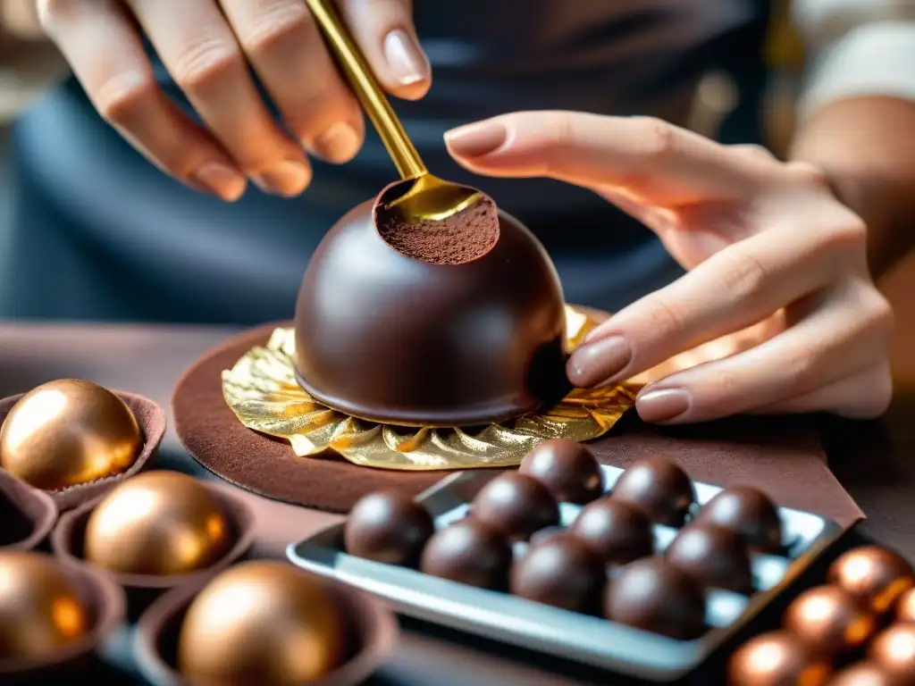 Detalle de maestro chocolatero creando un exquisito trufa de chocolate artesanal