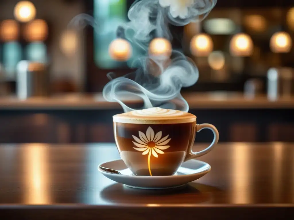 Detalle de mano sosteniendo taza de café gourmet con arte latte de flor, en ambiente acogedor de cafetería