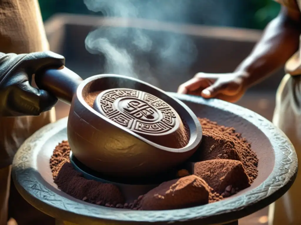 Detalle de un metate de piedra en el proceso de molienda conchado chocolate artesanal